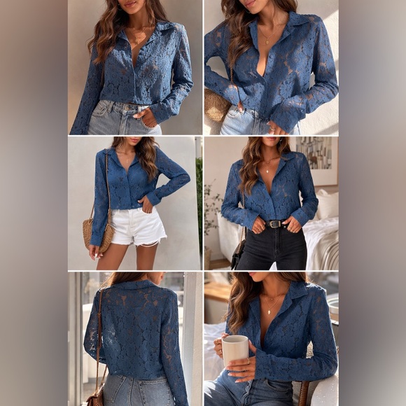 Notations Tops - Notations Teal Lace Button Down Shirt